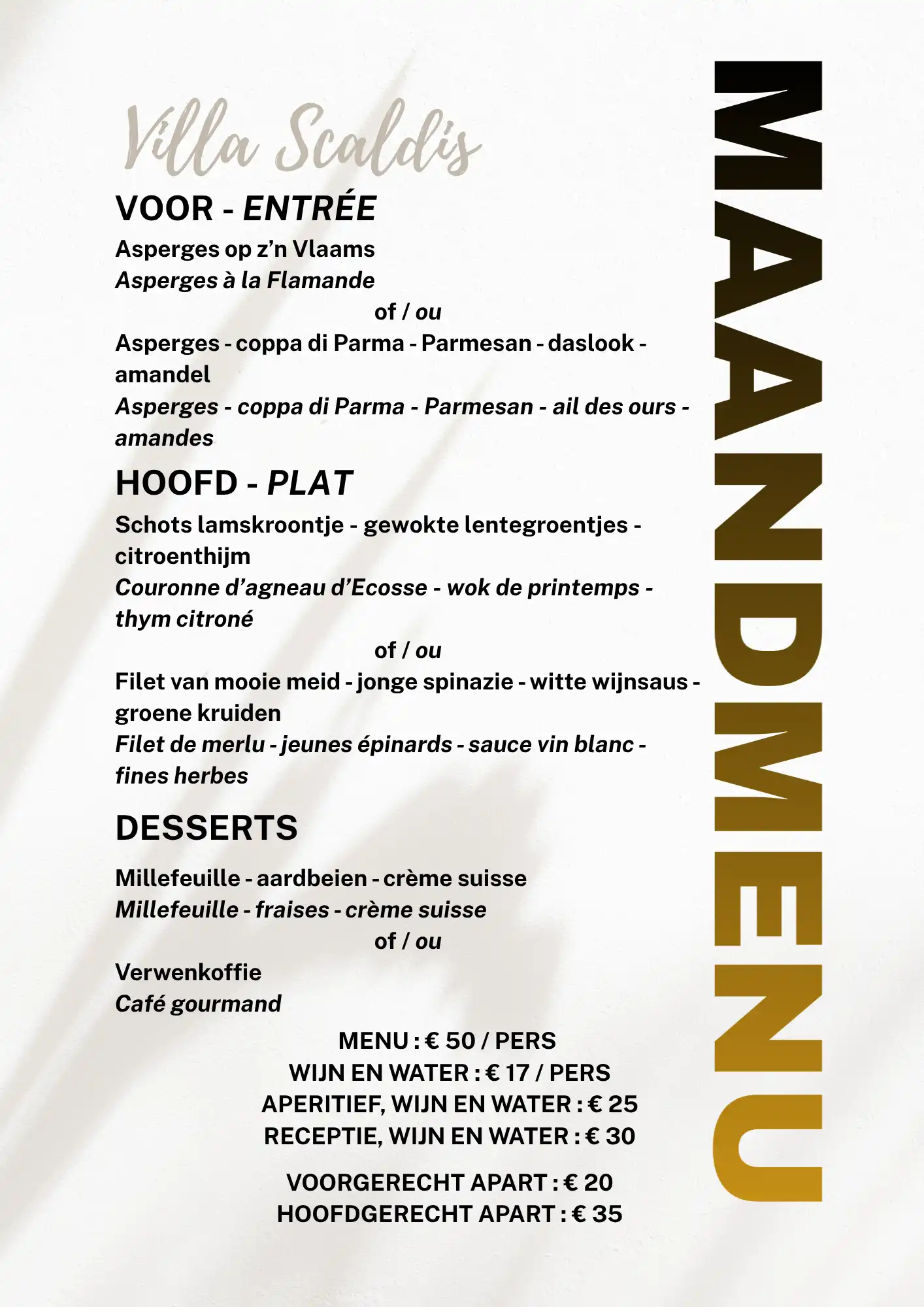 Maandmenu Villa Scaldis