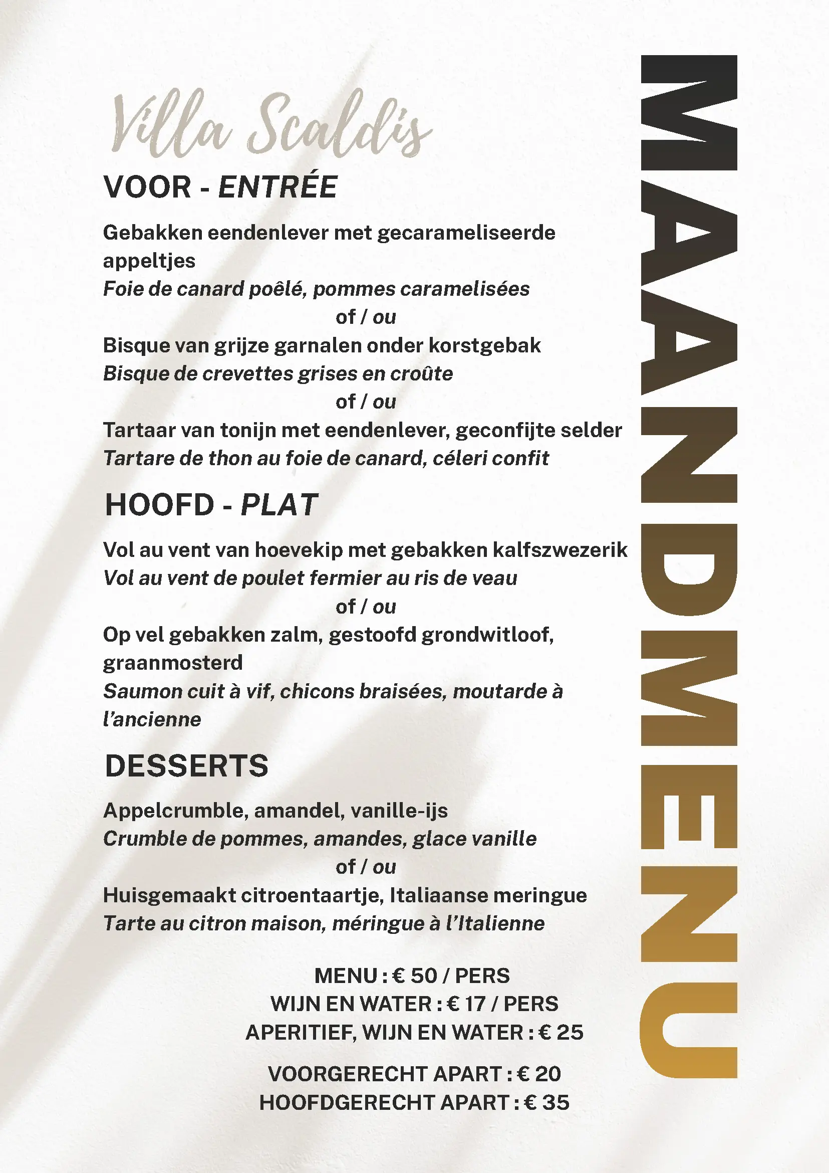 Maandmenu Villa Scaldis