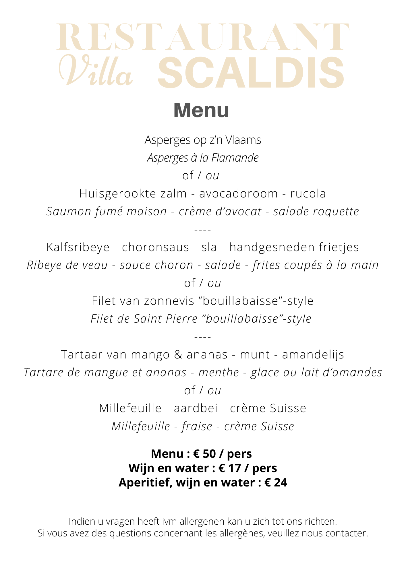 Menu Villa Scaldis
