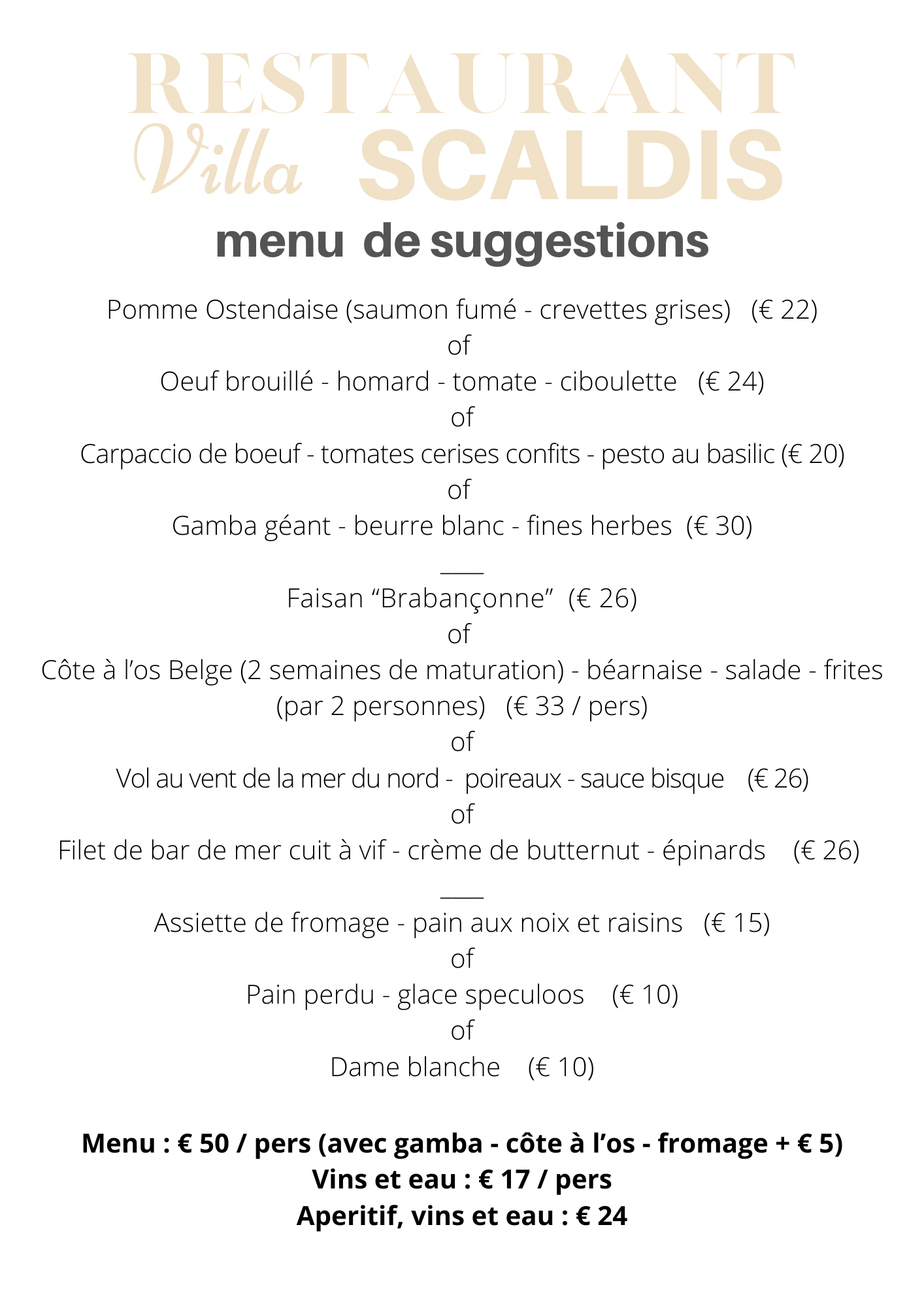 Menu Villa Scaldis