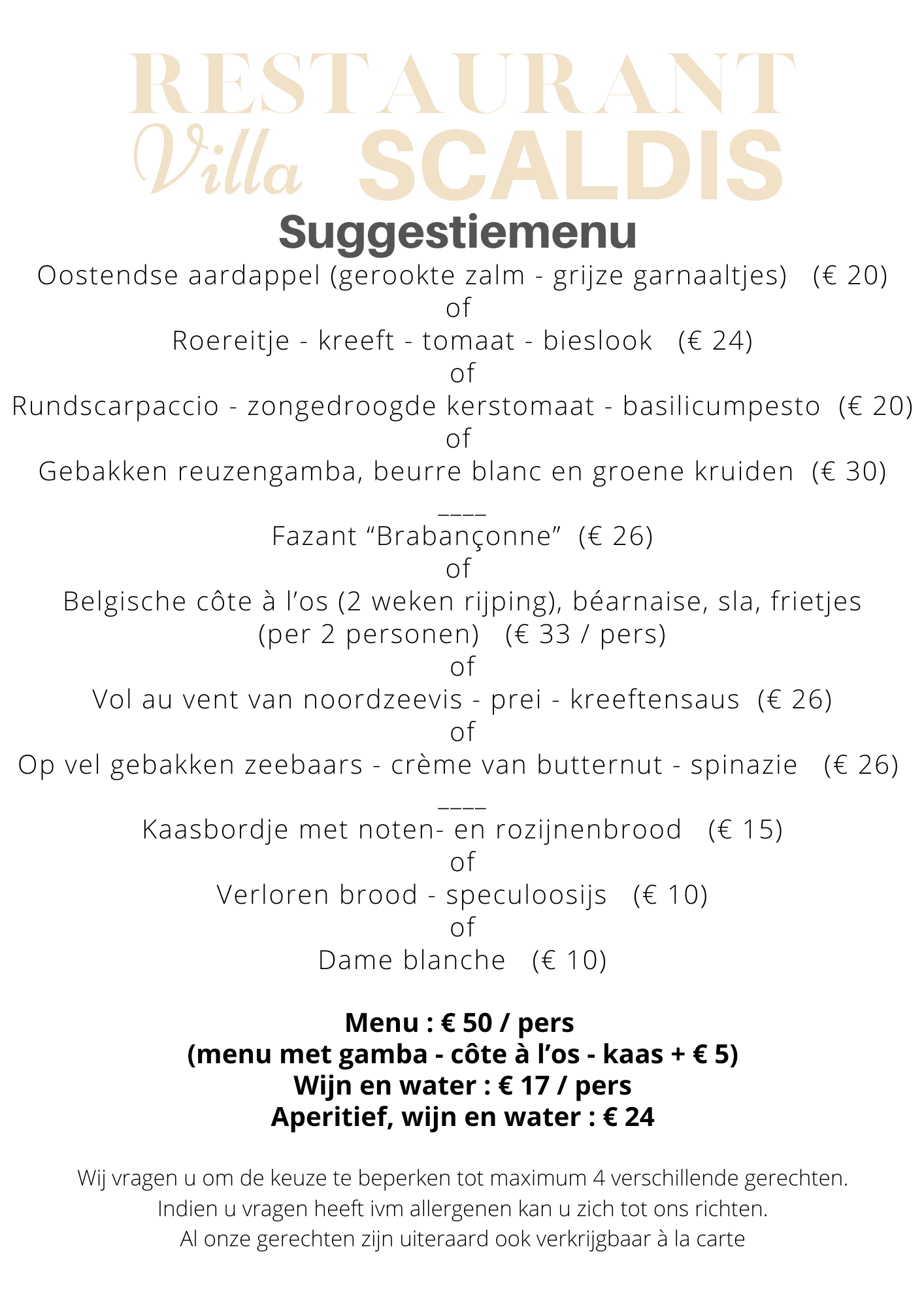 Menu Villa Scaldis