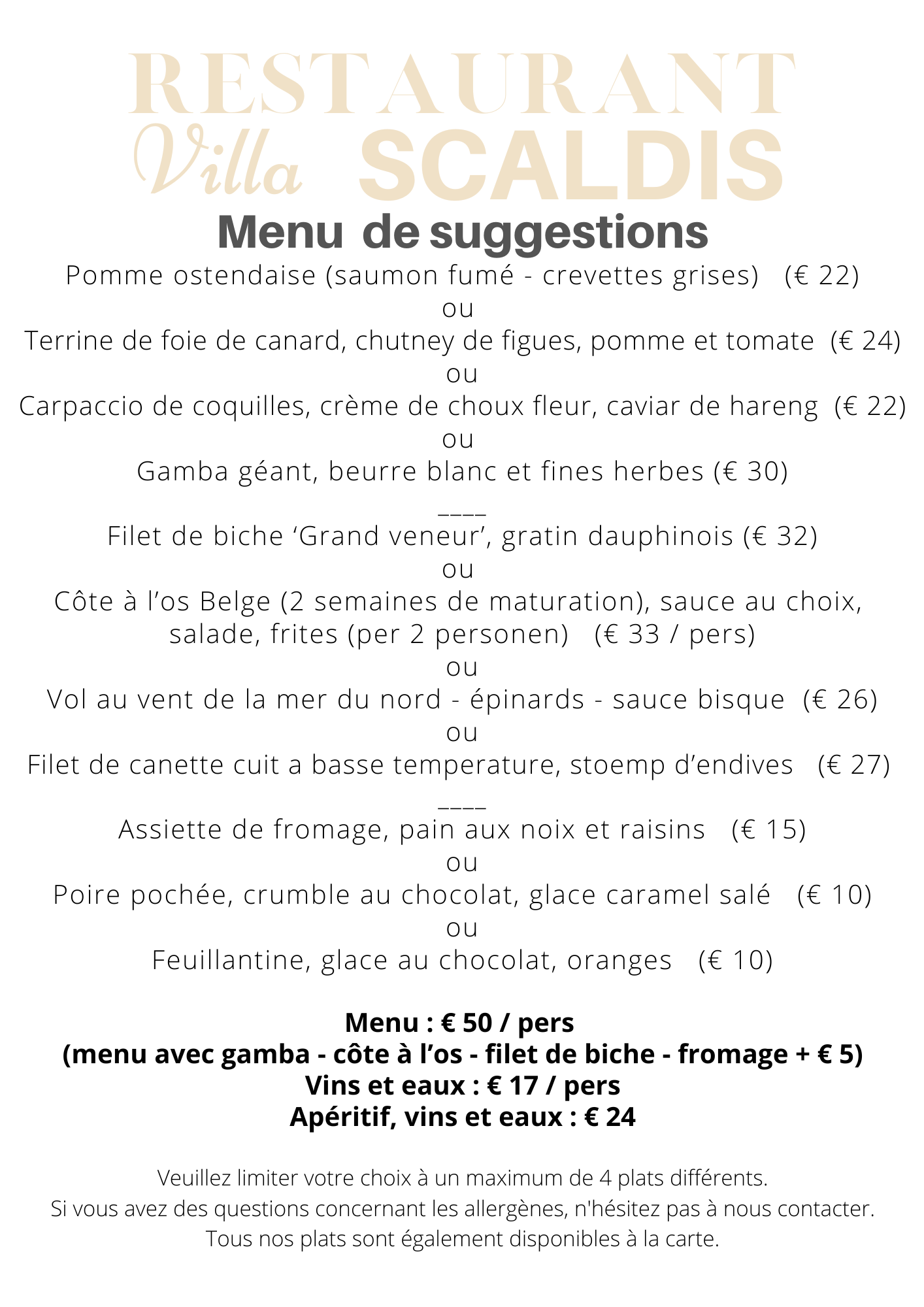 Menu Villa Scaldis